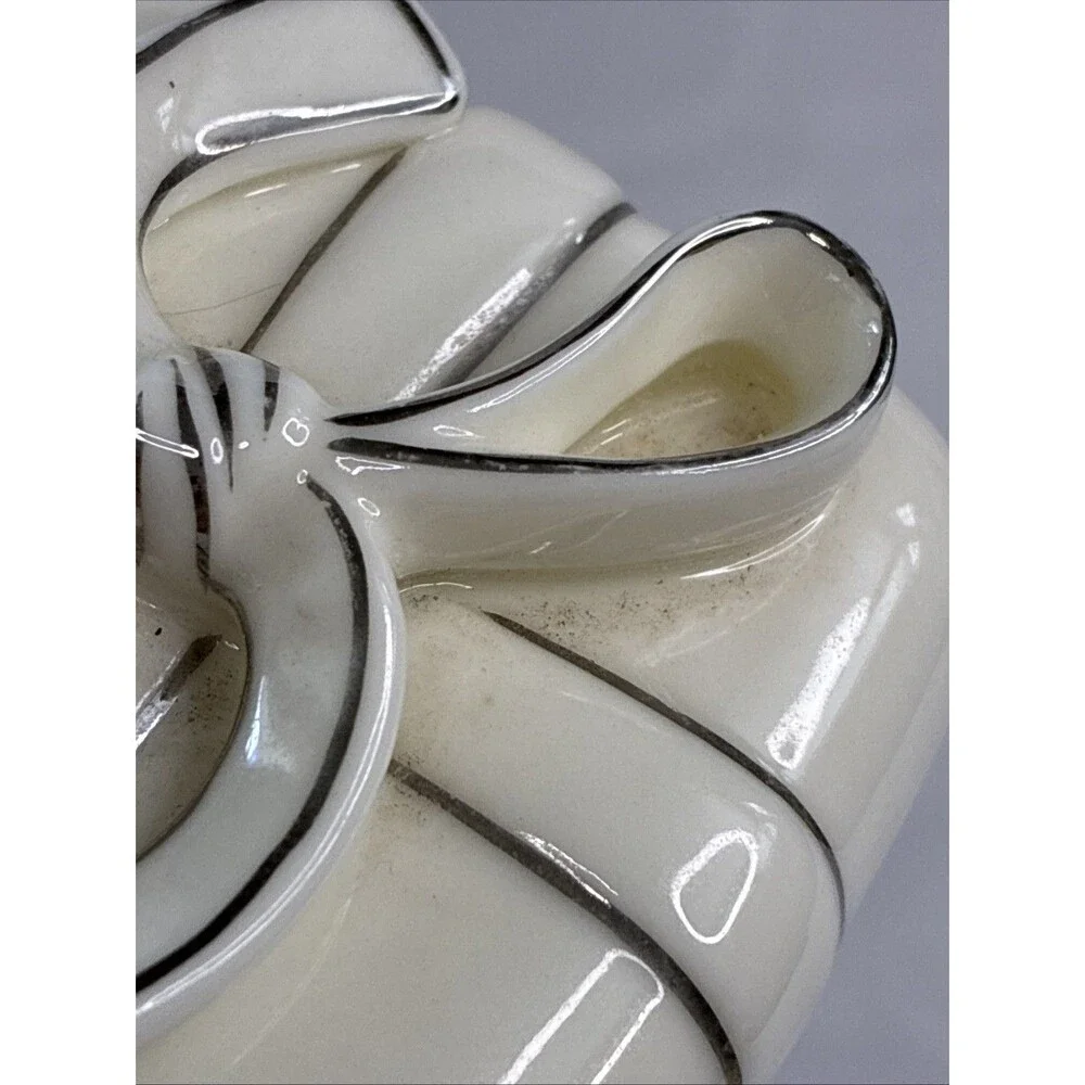 Porcelain Square Gift Trinket Jewelry Box Ivory Silver Trim Bow 2.5